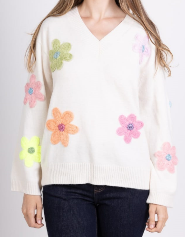 MC036 White Soft Comfy Sweater Embroidered Flowers LOOWIE