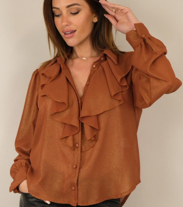 CA054 Brown Iridescent Buttoned Shirt Ruffle Collar LOOWIE