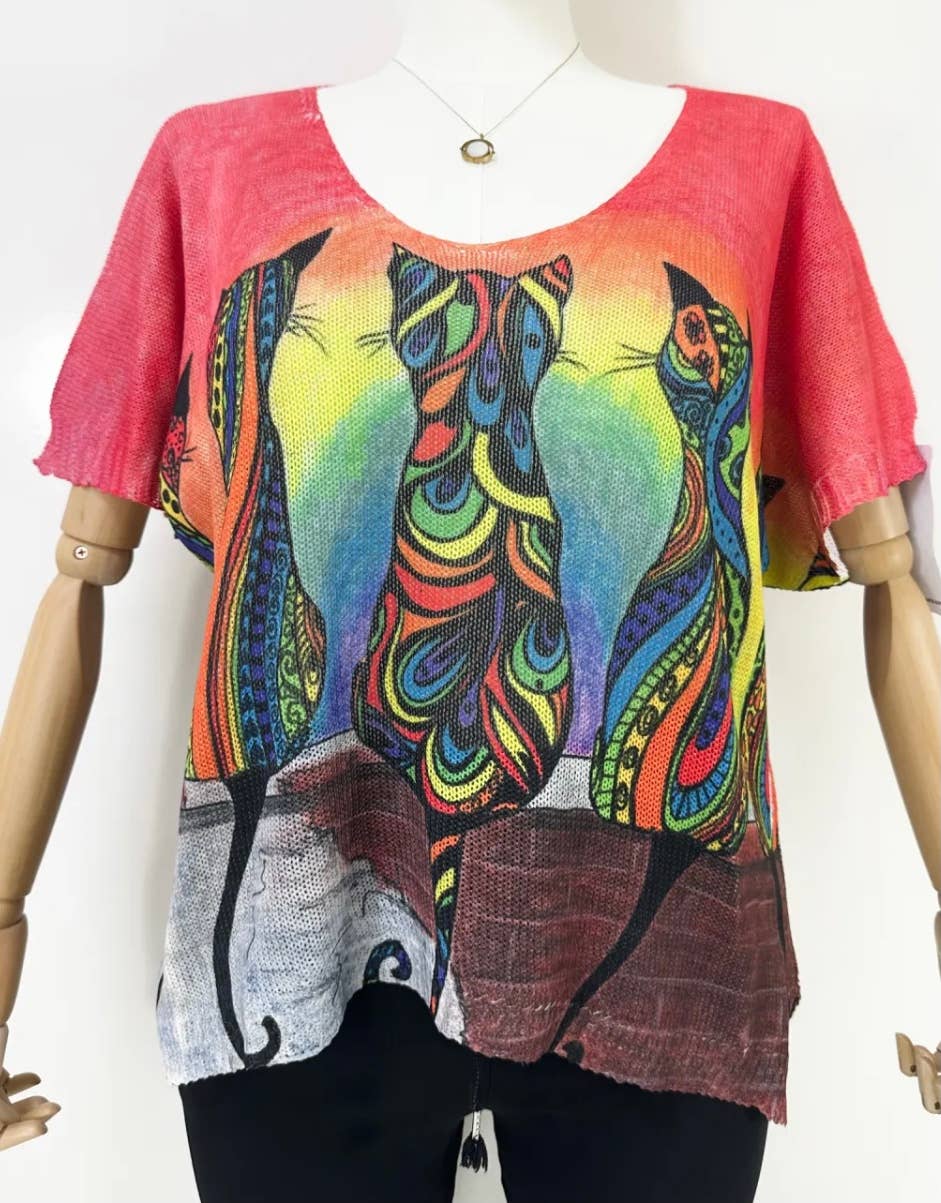 ZACAT Cats V-Neck Knit Printed Short Sleeves Sweater