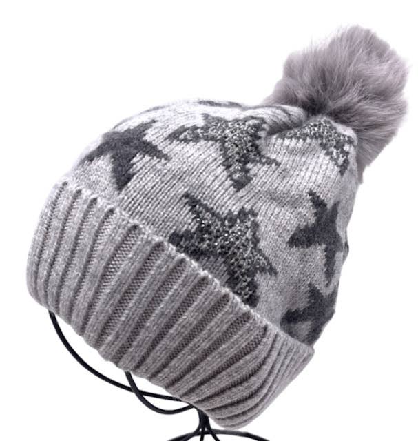 BO821 Gray Stars w/Fake Fur Pom Beanie Hat LOOWIE