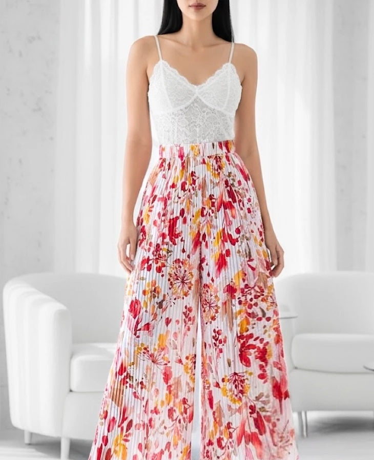 ESTRWLRFM Italian OS Printed Wide Leg Pants Red Floral Maxi