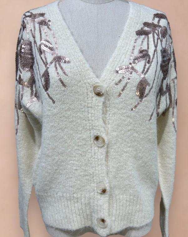 IA92 White  Sparkling Embellished Cardigan Sweater LOOWIE