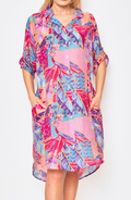 CIR201 Pink Silk Blend Tropical Collared Shirt Dress