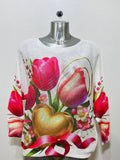 CTUL White Pink Tulips Round Knit Printed Sweater