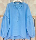 Blue Gauze Cotton Long-Sleeve Buttoned V-Neck Shirt LOOWIE