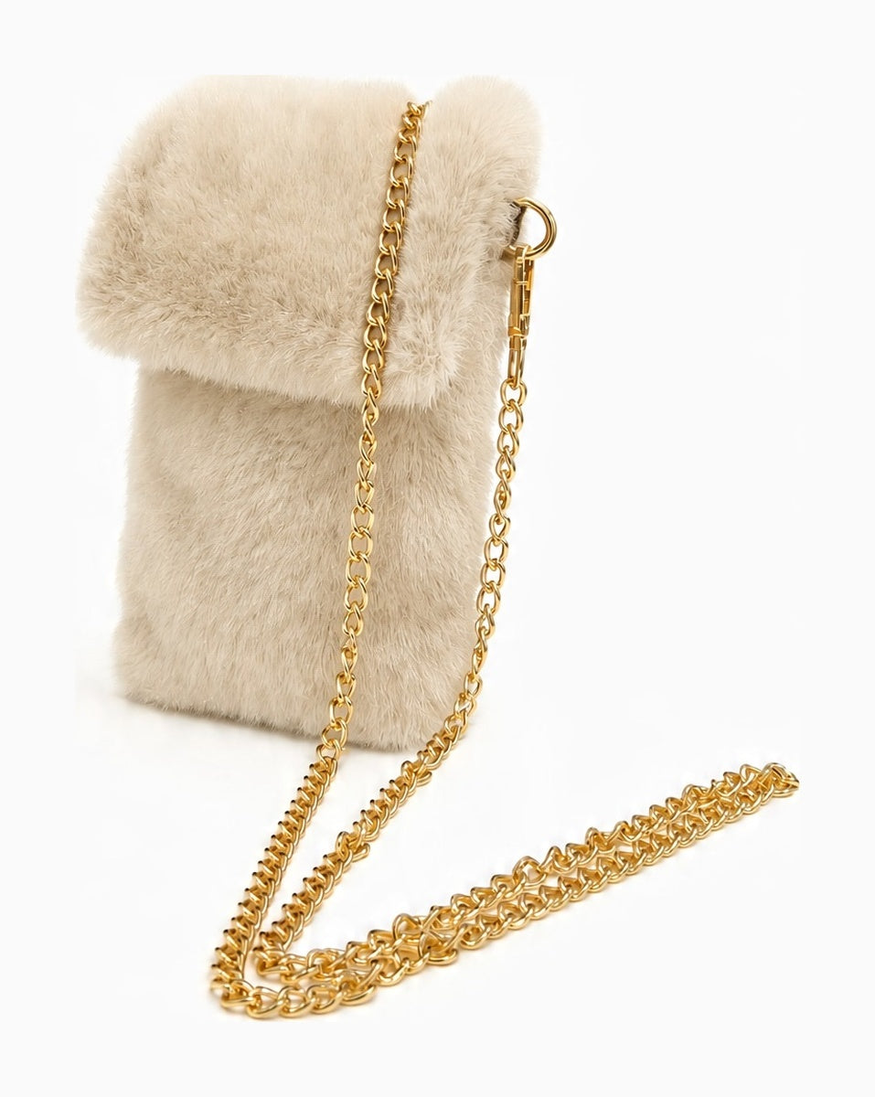 JA429 Beige Faux Fur Chain Phone Bag