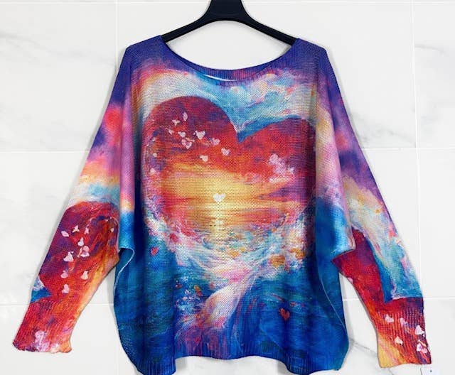 703 Blue Heart Round Knit Printed Sweater LOOWIE