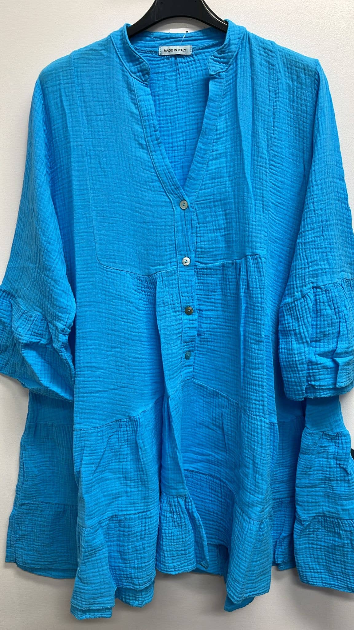 SW182 Turquoise Gauze Cotton Italian Short Dress 3/4 Sleeve