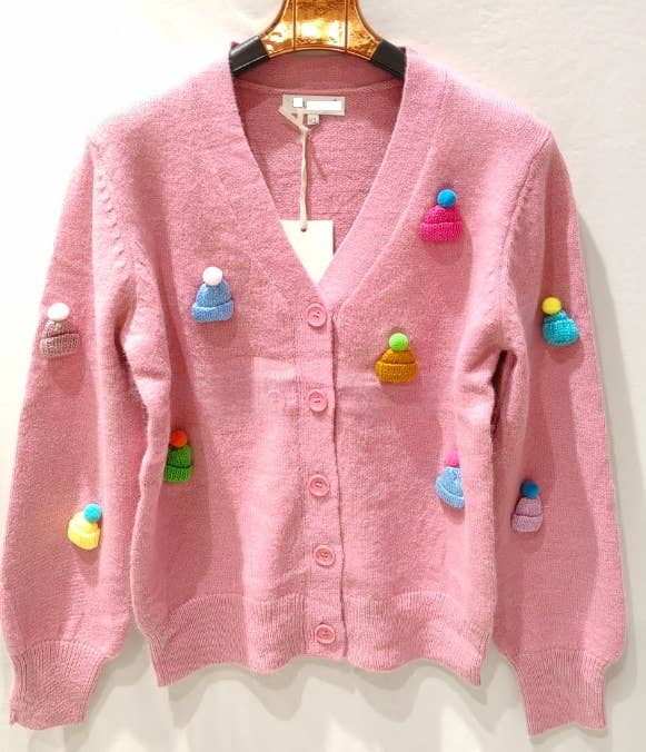 MC432 Pink Knitted Cardigan with Colorful Pom-Pom Details