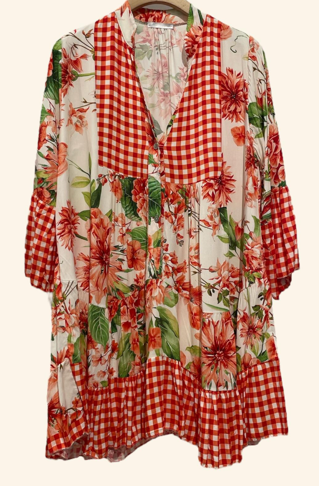 9802VO Orang Floral and Gingham Tiered Dress LOOWIE