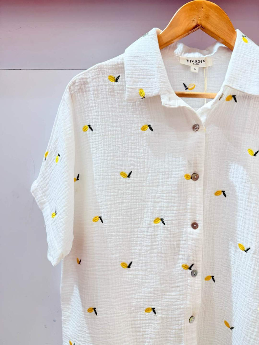 IVA112WH Gauze Cotton Lemon Embroidered Shirt White