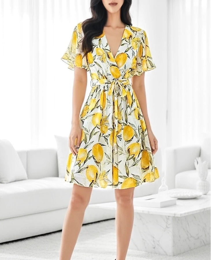 ESWMDLP Italian OS Wrap Mini Dress Lemon Print