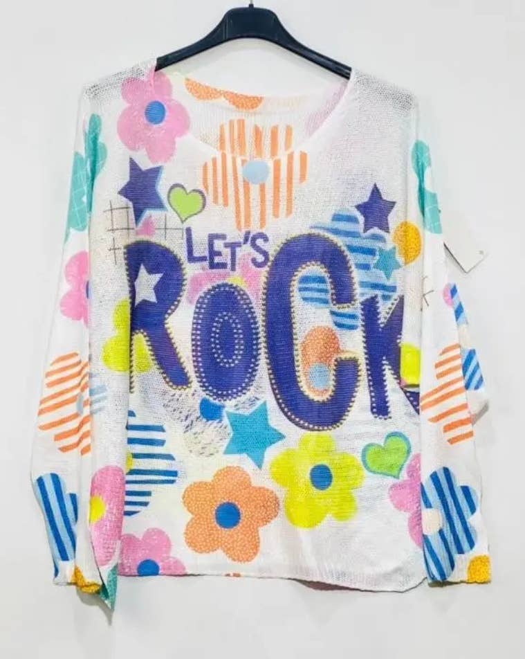 23 White Daisy Floral Rock Knit Printed Sweater LOOWIE