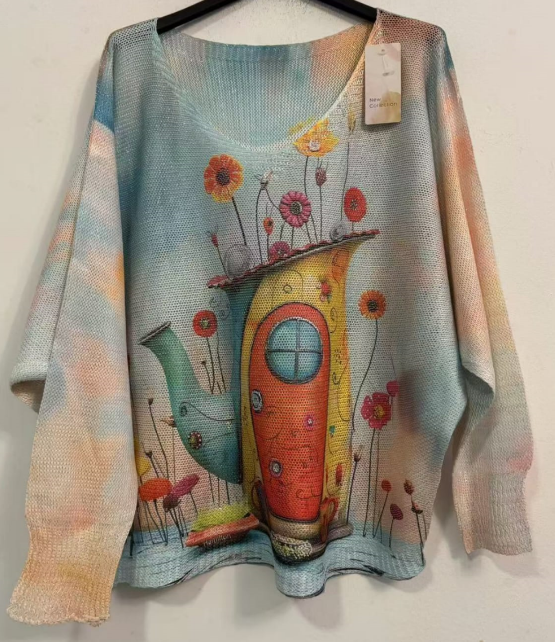 POVAS Blue Floral V-Neck Knit Printed Sweater LOOWIE