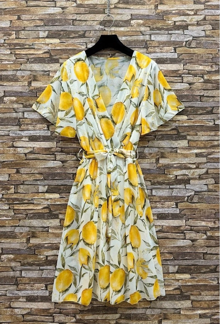 ESWMDLP Italian OS Wrap Mini Dress Lemon Print