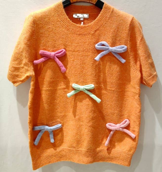 MC963 Apricot Soft Comfy Sweater Short Sleeves Bows LOOWIE
