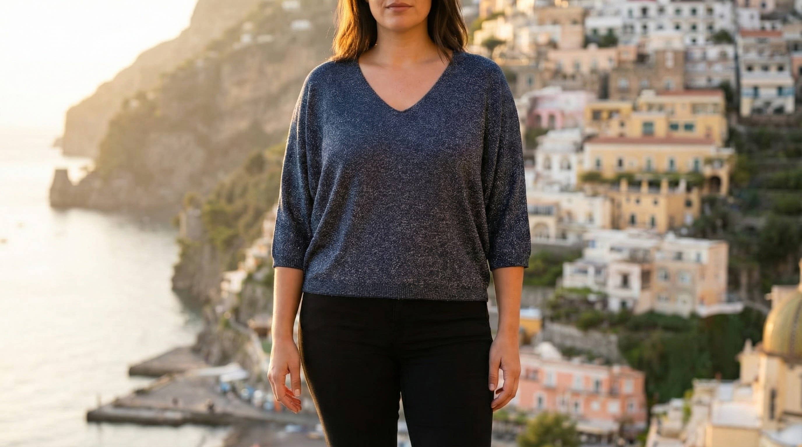 POSN Italian One Size Navy Shiny Lurex Knit V-Neck Sweater