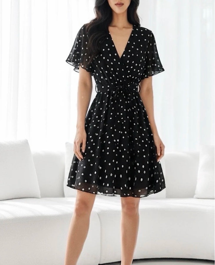 ESWMDBPD Italian OS Wrap Mini Dress Black Polka Dot