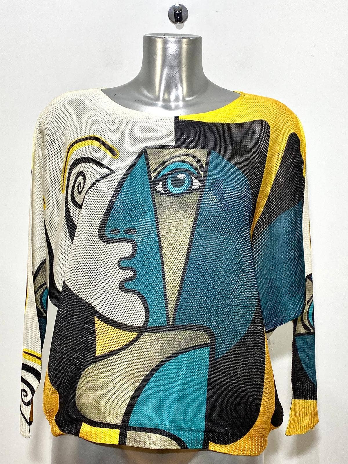CPIC Yellow Blue "PICASSO" Round Knit Printed Sweater
