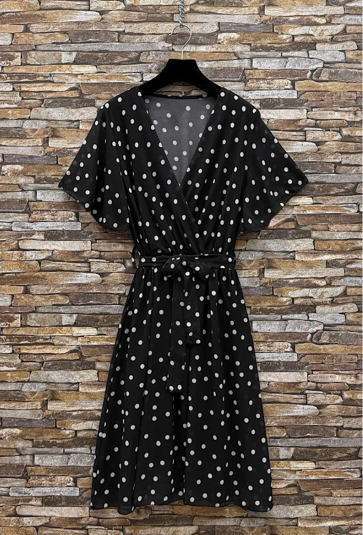 ESWMDBPD Italian OS Wrap Mini Dress Black Polka Dot