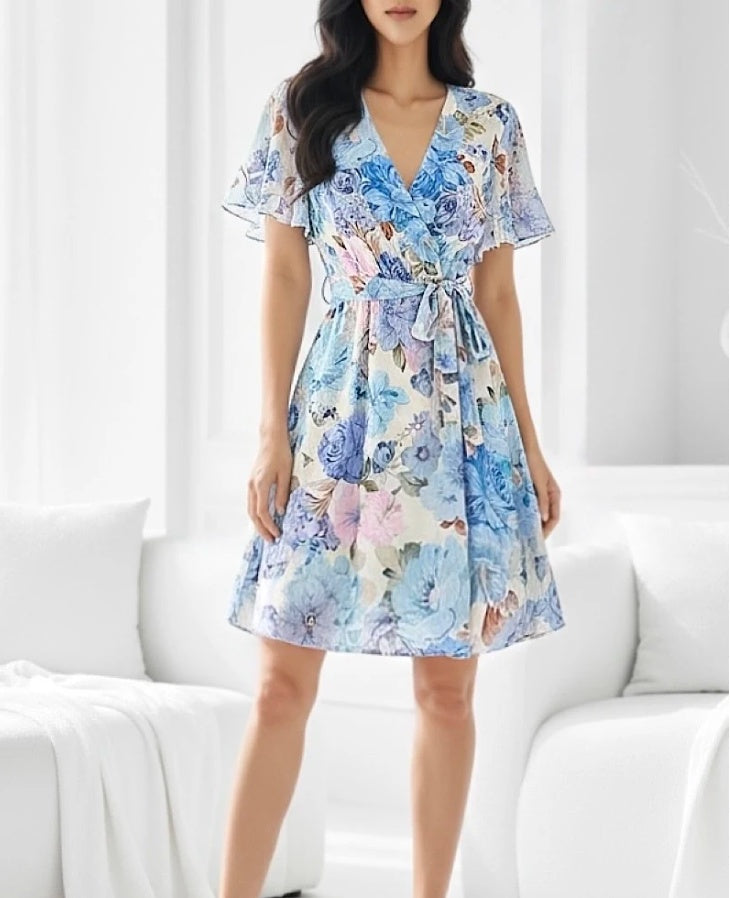 ESWMDBWF Italian OS Wrap Mini Dress Blue Watercolor Floral