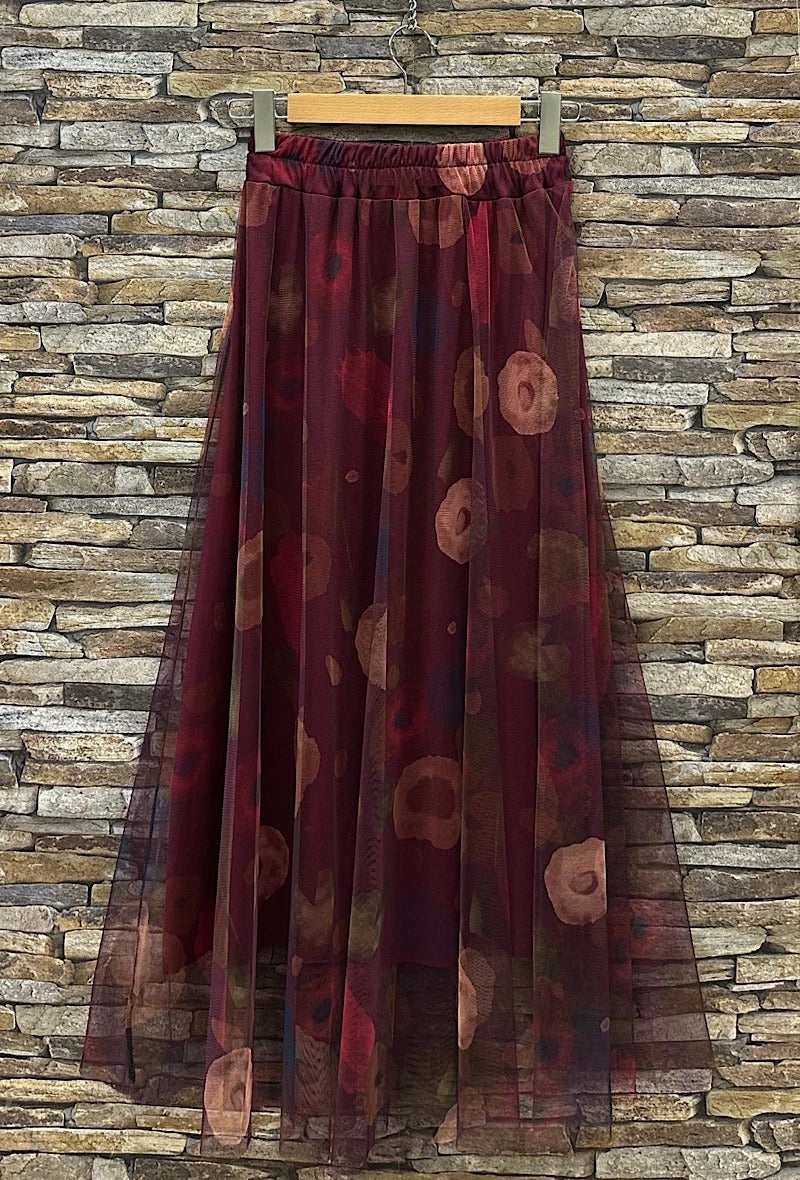 ELAR12 Burgundy Abstract Floral Skirt
