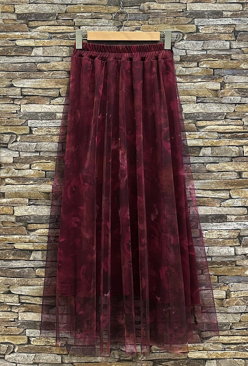 ELAR7 Burgundy Floral Print Skirt
