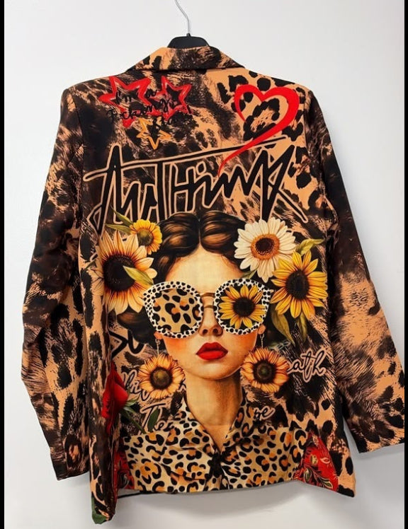 VI647 Orange Leopard Sunflower Printed Blazer