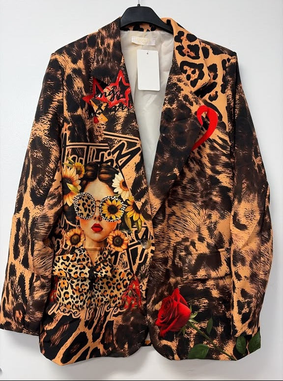 VI647 Orange Leopard Sunflower Printed Blazer