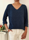 Z816 Italian One Size Navy V-Neck Knit Soft Sweater LOOWIE