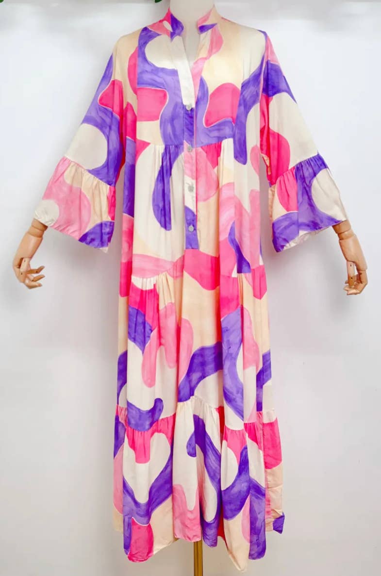 SV1A0 Italian One Size Purple Pink Abstract Maxi Dress