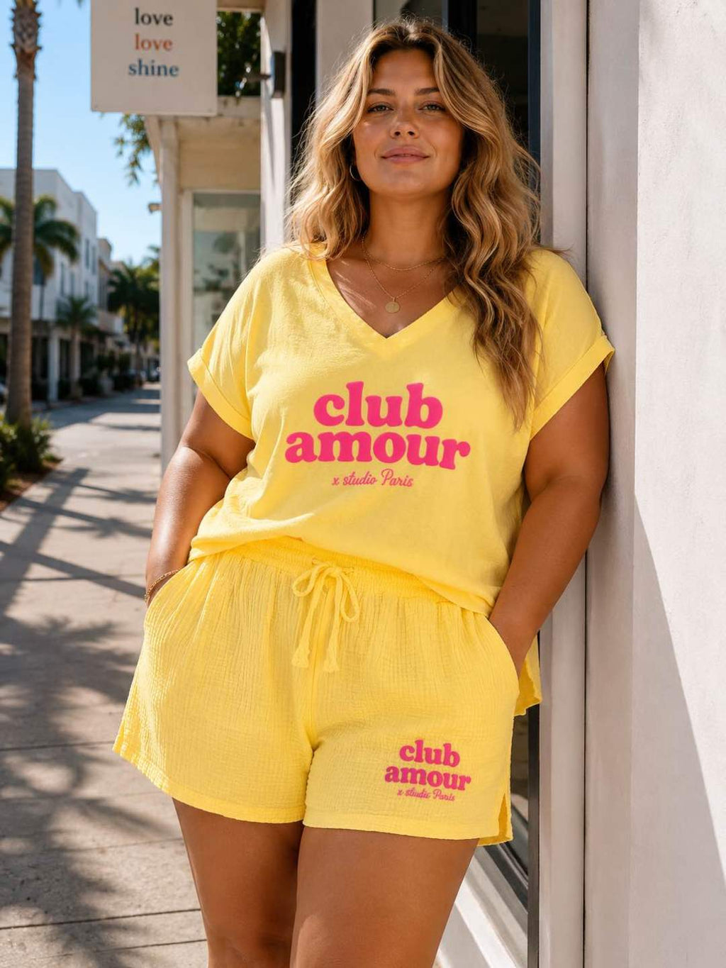 IV26125YL Gauze Cotton Love Club Shorts Plus Size Yellow