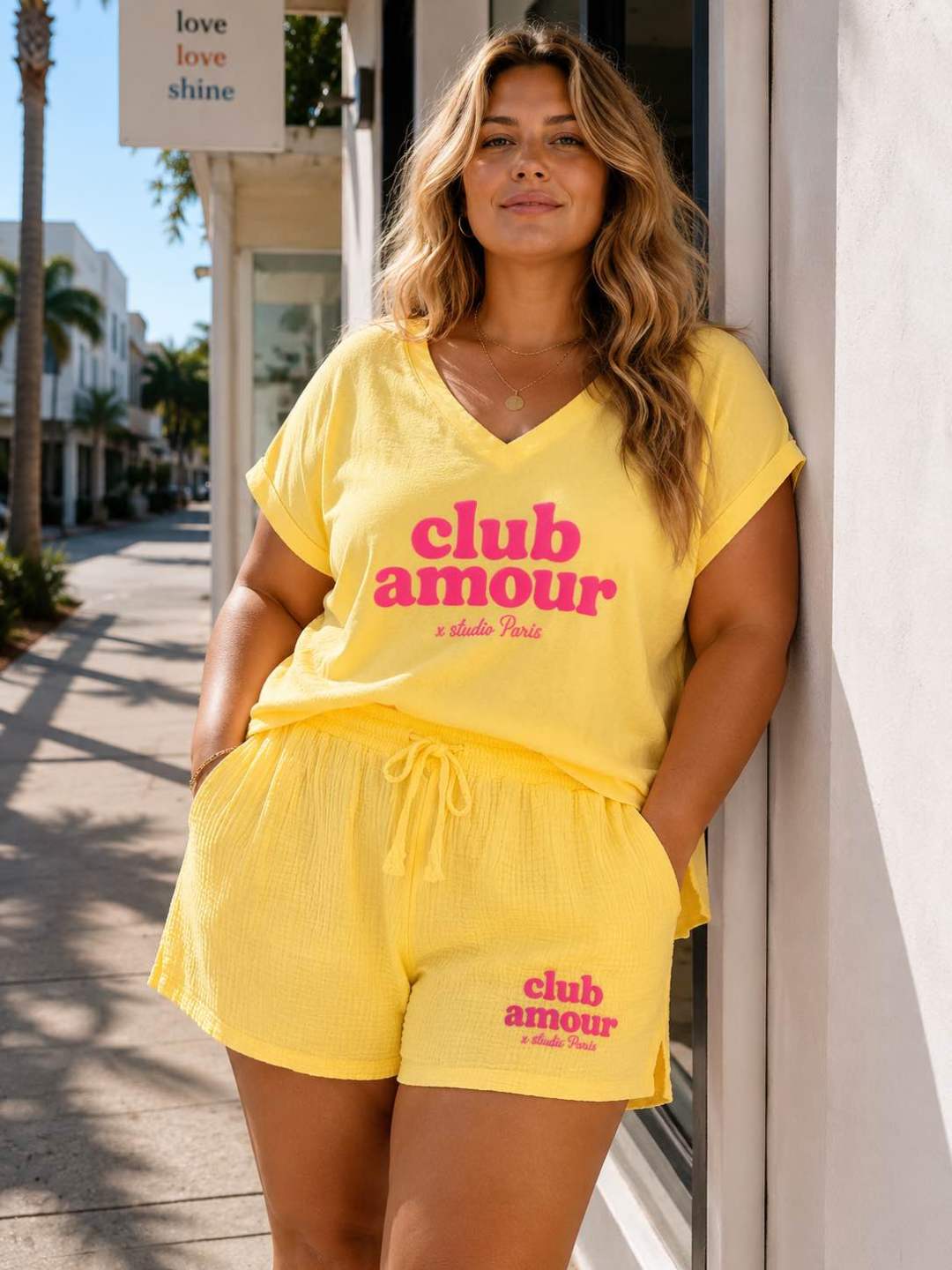 IV26125YL Gauze Cotton Love Club Shorts Plus Size Yellow