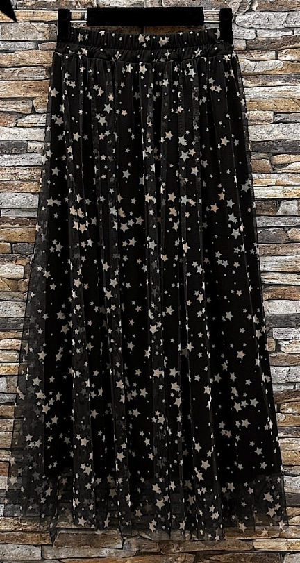 E833 One Size Black Tulle Skirt with Star Print LOOWIE