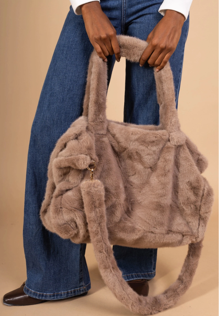MCFBTA Taupe Faux Fur Fun Bag with Double Handle