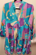 980210 Blue One Size Italian Geometric Short Printed Dress