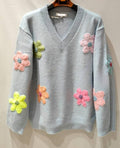 MC037 Blue Soft Comfy Sweater Embroidered Flowers LOOWIE