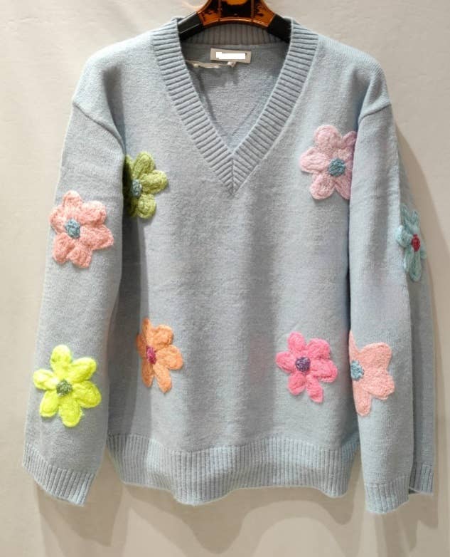 MC037 Blue Soft Comfy Sweater Embroidered Flowers LOOWIE