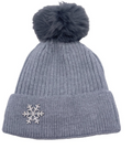 BO168 Grey Snow Flake w/Fake Fur Pom Beanie Hat LOOWIE