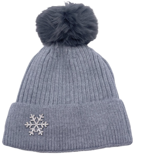 BO168 Grey Snow Flake w/Fake Fur Pom Beanie Hat LOOWIE