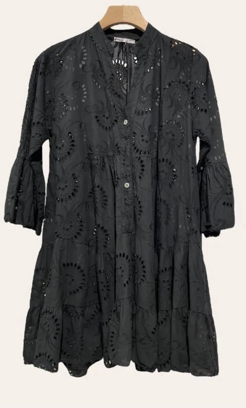 9802S Black One Size Cotton English Embroidery Short Dress
