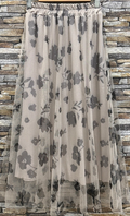 EL125FLB Italian Beige Sheer Overlay Floral Print Maxi Skirt