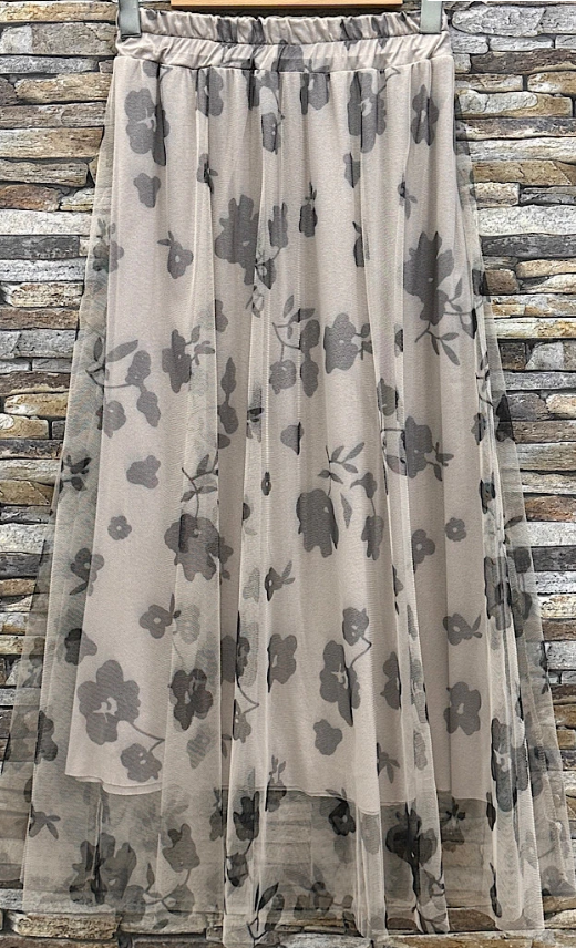 EL125FLB Italian Beige Sheer Overlay Floral Print Maxi Skirt