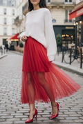 ELLSRE Italian One Size Red Layered Sheer Tulle Midi Skirt