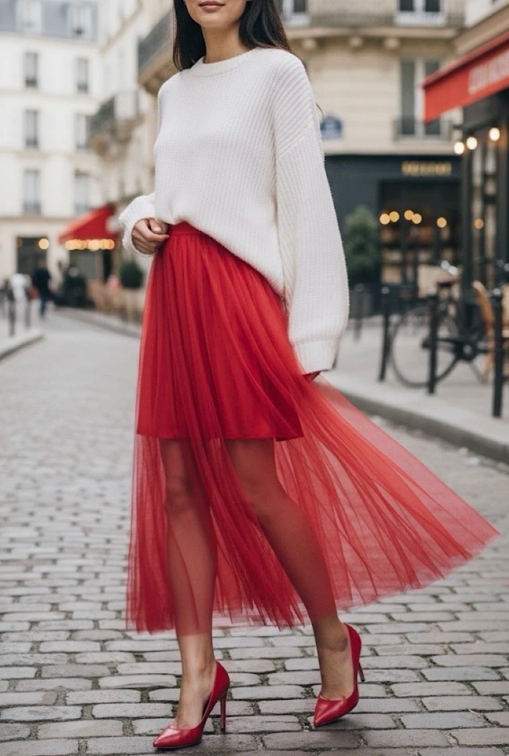 ELLSRE Italian One Size Red Layered Sheer Tulle Midi Skirt