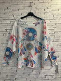 311 White Blue Floral Style Round Knit Printed Sweater