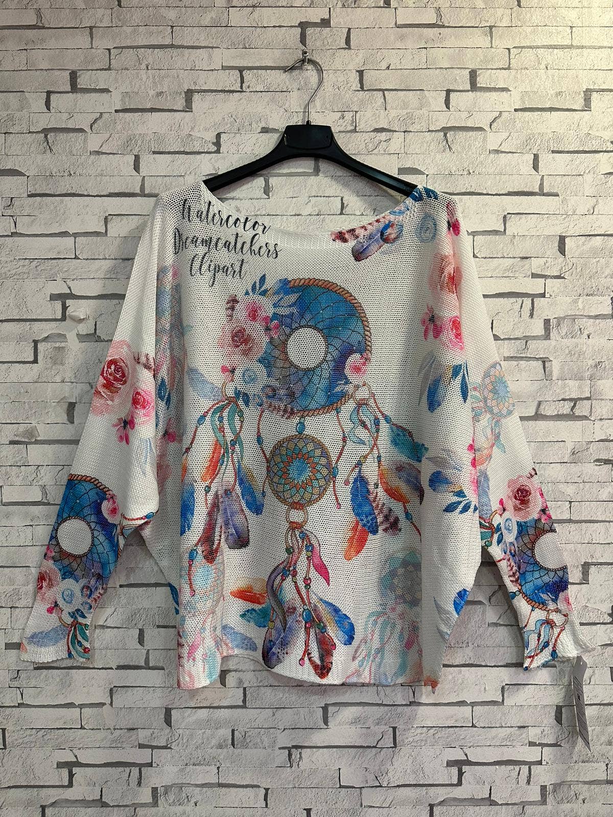 311 White Blue Floral Style Round Knit Printed Sweater