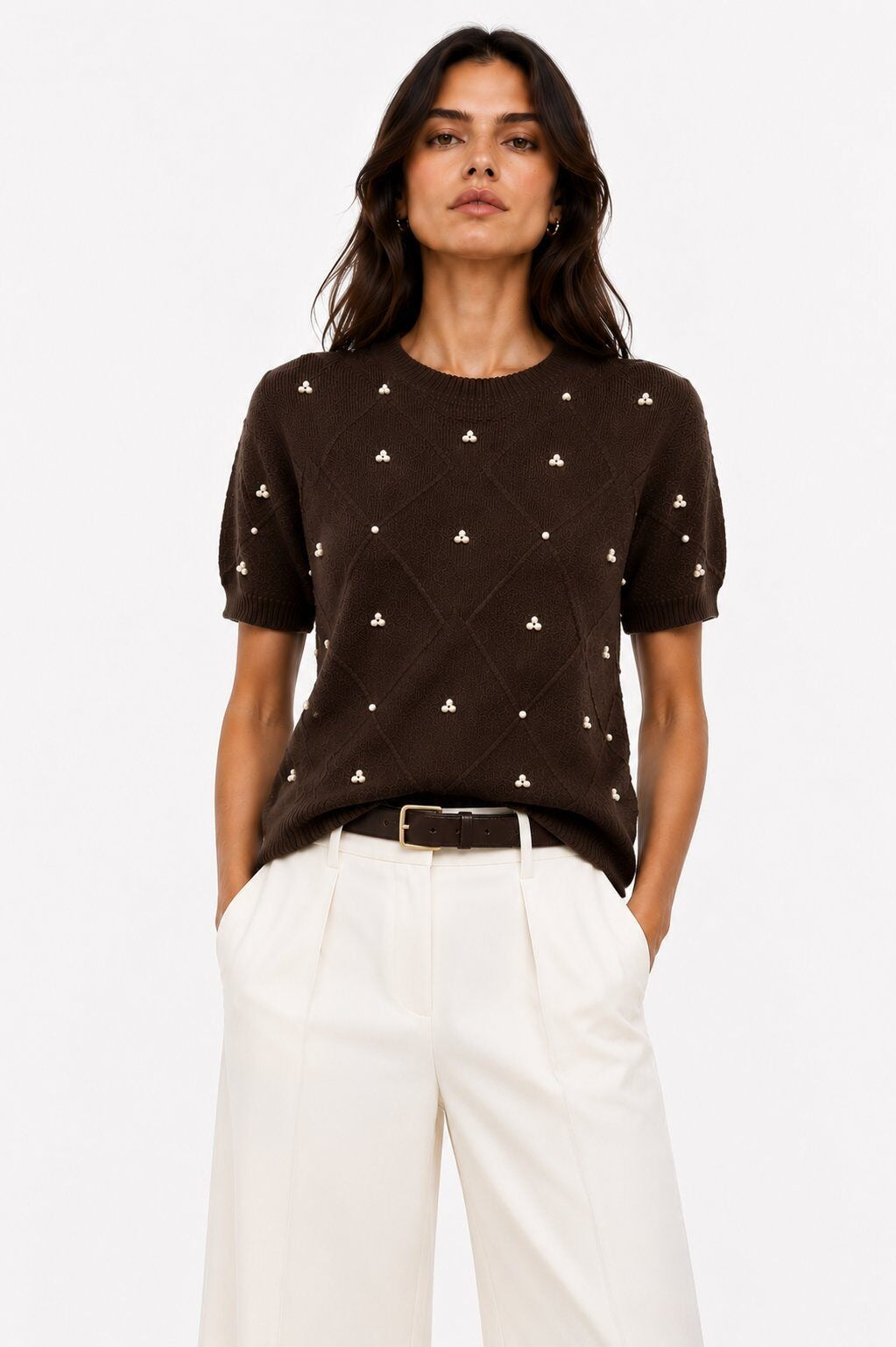 LUBDS1 Dark Brown Beaded Diamond Sweater