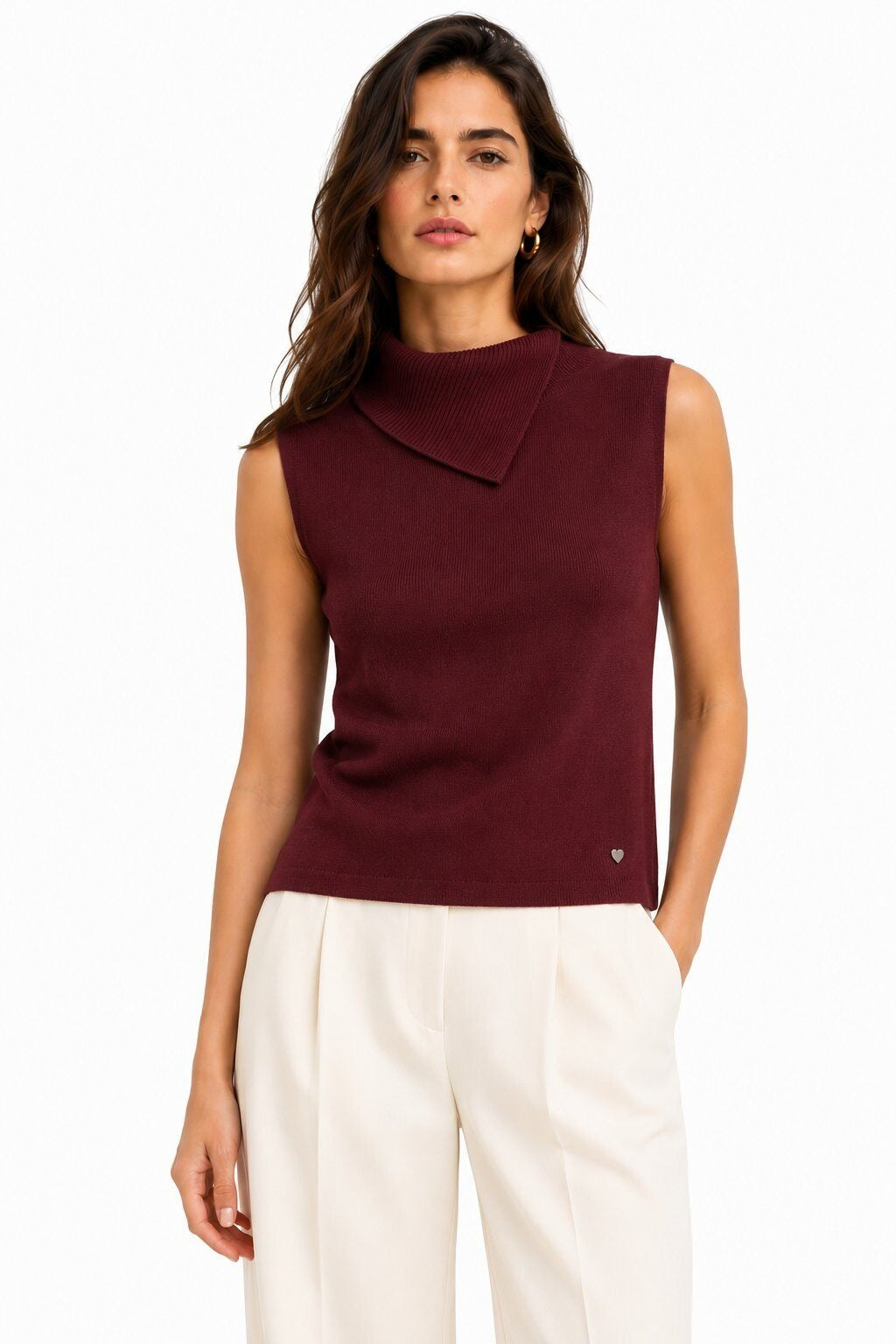 LUACT6 Burgundy Asymmetric Collar Top