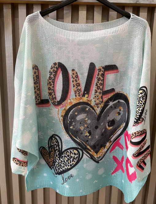 EULOVA Aqua LOVE Round Neck Knit Printed Sweater